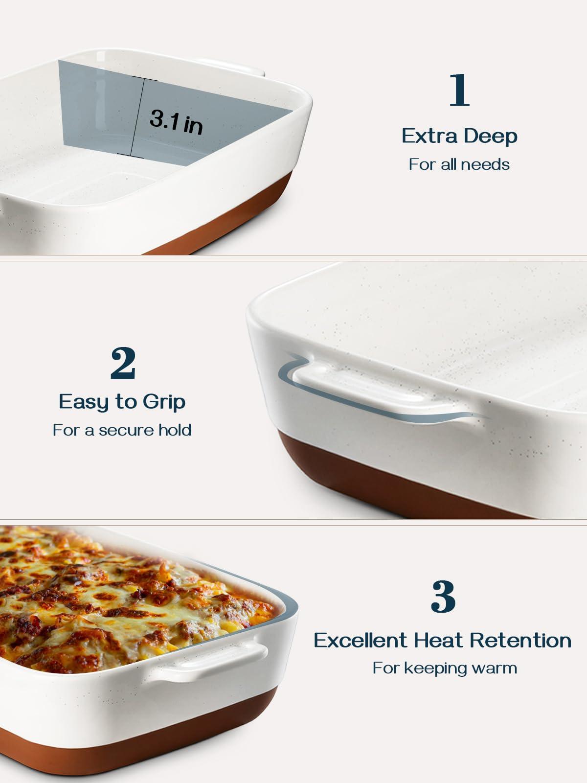 DOWAN Casserole Dish, 9x13 Ceramic Baking Dish, Large Lasagna Pan Deep for Oven, 140oz Baking Pan with Handles, Oven Safe and Durable Bakeware for Lasagna, Roasts, Glaze with Specks - CookCave