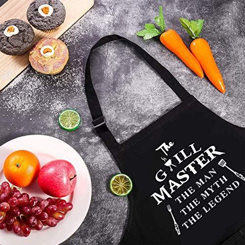 Rosoz Funny Aprons for Men - The Grill Master, The Man The Myth The Legend - Cooking Grilling BBQ Chef Apron for a Husband, Dad Gifts, Waterproof Oil Proof Black Apron with 2 Pockets - CookCave