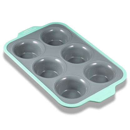 JXWING 6 Cups Non-stick Silicone Cupcake Baking Pan with Ergonomics Grips, Premium Stainless Steel Core Muffin Pan, Aqua Sky - CookCave