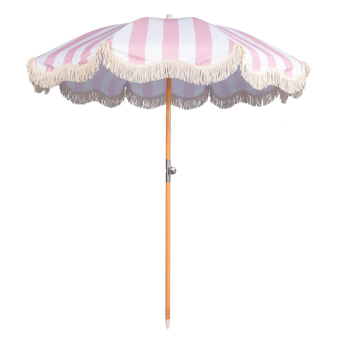 Funsite 6.5ft Boho Beach Umbrella with Fringe, UPF 50+ Tassel Umbrellas with Carry Bag, Premium Wood Pole Foldable Patio Umbrella for Outdoor Holiday Garden Lawn Pool Yard Table, Pink Stripe - CookCave