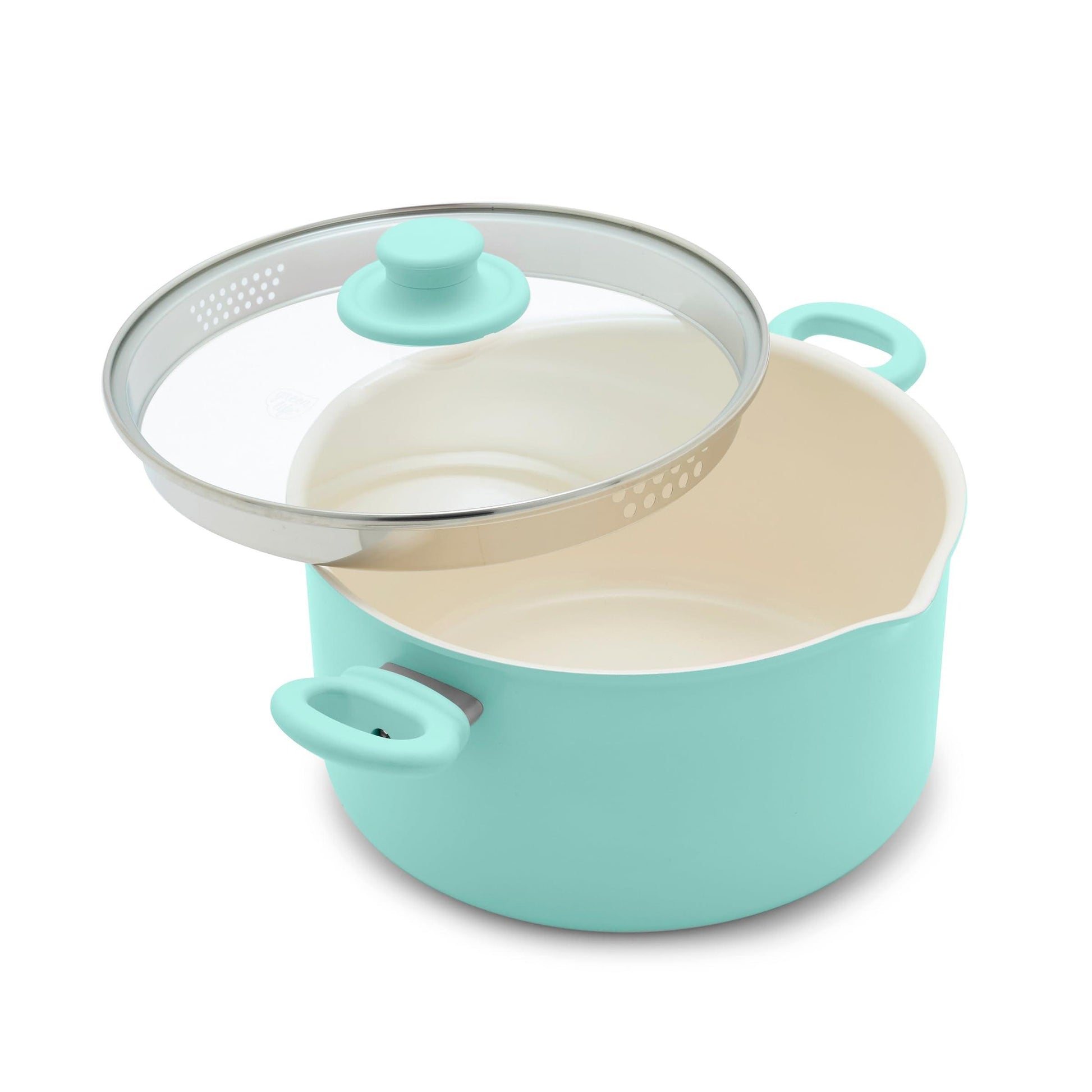 GreenLife SoftGrip Healthy Ceramic Nonstick, 6QT Stockpot with Lid and Straining Lid, PFAS-Free, Dishwasher Safe, Turquoise - CookCave