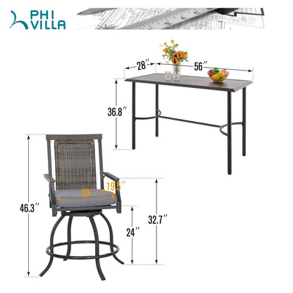 PHI VILLA 5 PCS Outdoor Counter Height Table and Chairs,Swivel Bar Chairs with Grey Cushion and Wider Seats,Rectangular Metal bar Table for All Weather,Patio High Dining Set for Indoor,Garden,Yard - CookCave