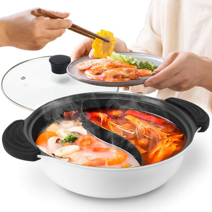 Hot Pot with Divider Non-Stick Shabu Shabu Pot for Induction Cooktop Two-flavor Cookware for 2-3 Person - CookCave