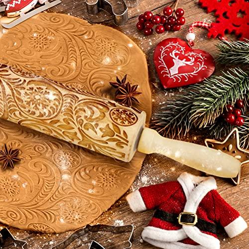 Wooden Engraved Rolling Pin with Christmas Snowflake Designs - For Baking Cookies and Decor - CookCave