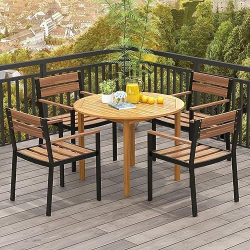 Tangkula Round Outdoor Dining Table, Acacia Wood Dining Table, 4-Person Large Dining Table, Farmhouse Patio Bistro Table, Indoor Outdoor Dining Furniture for Yard Deck Lawn Dining Room - CookCave