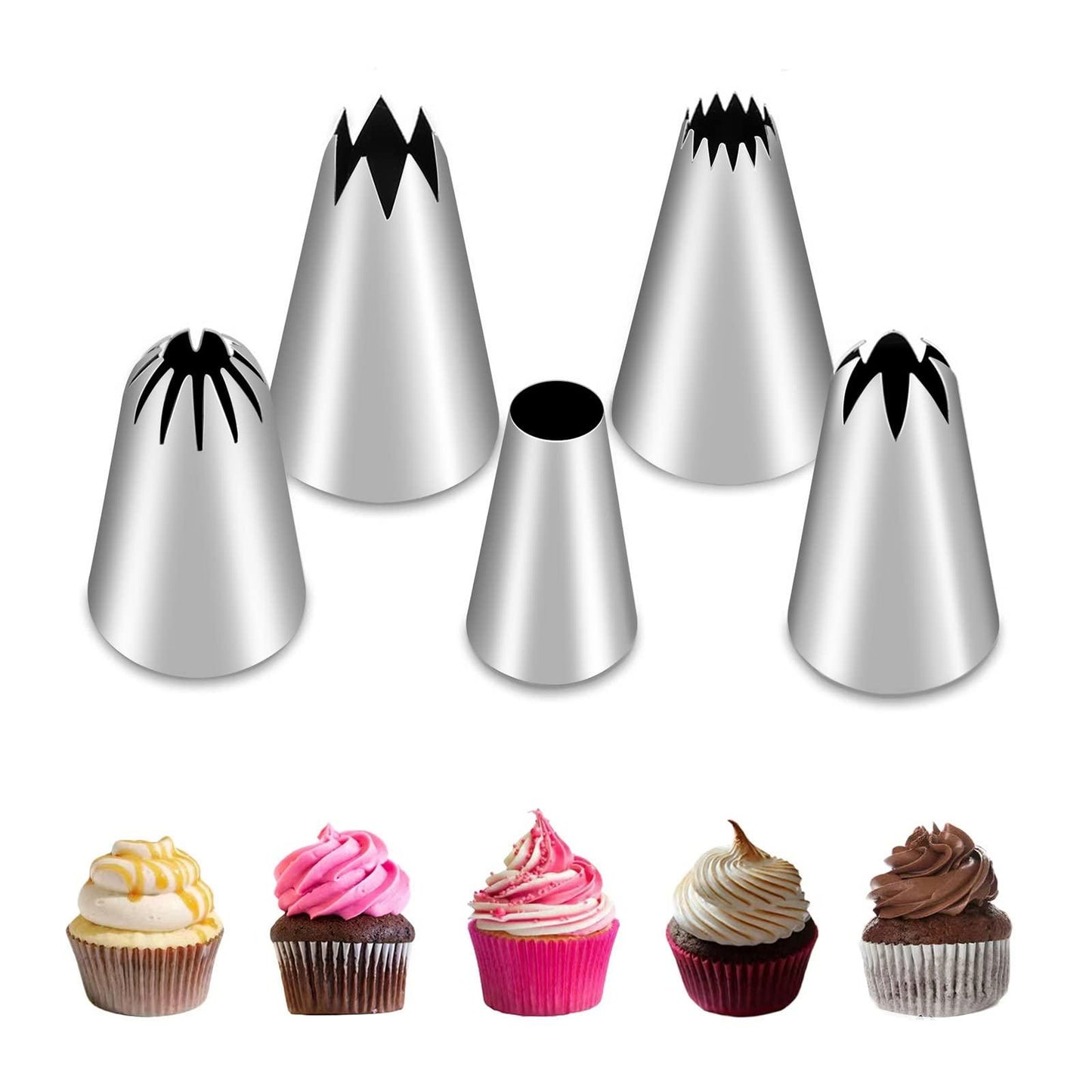 5Pcs Large Piping Tips Set, Stainless Steel Frosting Tips, Cake Decorating Tips for Cupcakes Cakes Cookies Decorating - CookCave