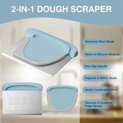 Bench Scraper Dough Cutter Tool - Bowl Pastry Scraper for Bread Cake Pizza, Bench Knife Kitchen Dough Scraper for Baking, Stainless Steel Food Scraper with Grip Handles & Measuring Scale, Blue - CookCave