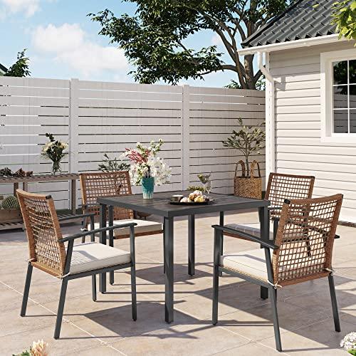 LAUSAINT HOME 5 Pieces Outdoor Patio Dining Set, Wicker Patio Furniture Set of 4 Chairs with Soft Cushion and Square Table with Umbrella Hole, Conversation Set for Backyard, Garden and Poolside - CookCave