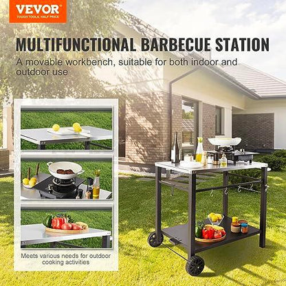 VEVOR Outdoor Grill Dining Cart with Double-Shelf, BBQ Movable Food Prep Table, Multifunctional Stainless Steel Table Top, Portable Modular Carts for Pizza Oven, Worktable with 2 Wheels, Carry Handle - CookCave