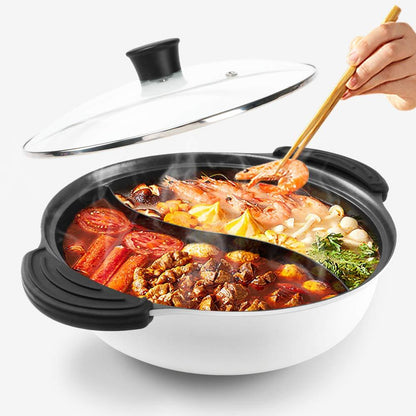 Hot Pot with Divider for Induction Cooker Dual Sided Soup Cookware Two-flavor Chinese Shabu Shabu Pot for Home Party Family Gathering, 4.5 Quart (White) - CookCave