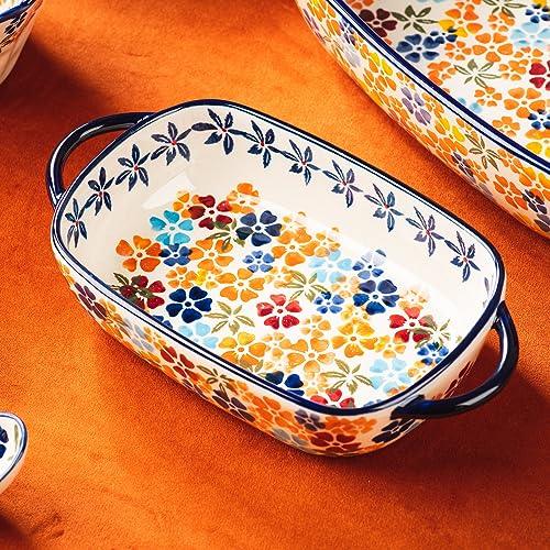 ONECCI Retro pastoral style Ceramic Baking Dish Rectangular Bakeware Set Baking Pan, 2-piece Hand-painted Porcelain Baking pan with handle, Casserole Dish for Oven/Cooking/Kitchen (Colorful Flower) - CookCave