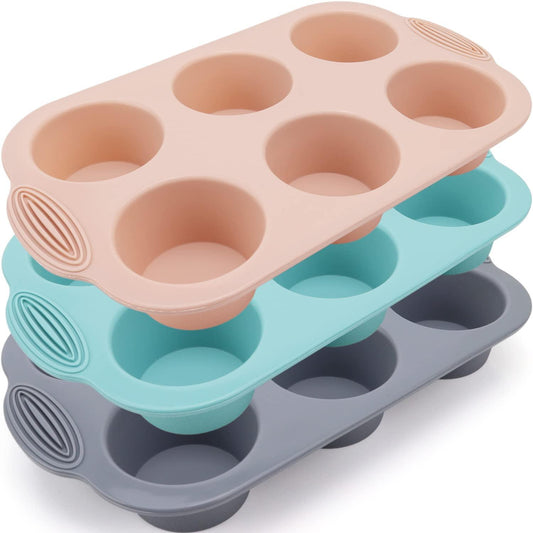 Silicone Muffin Pan - 6-Cavity Nonstick Baking Tray for Muffins, Cupcakes, Brownies and More - Food Grade and BPA Free - Pack of 3 Colors (Gray, Orange, Peacock Blue) - CookCave