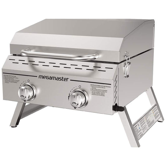 Megamaster Premium Outdoor Cooking 2-Burner Grill, While Camping, Outdoor Kitchen, Patio Garden, Barbecue with Two Foldable legs, Silver in Stainless Steel - CookCave