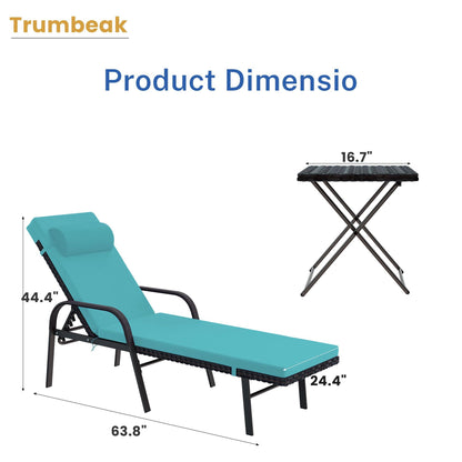 Trumbeak Lounge Chair 3 Pieces Chaise Lounge Chairs Set,Outdoor Folding Lounge Chairs with Rattan Adjustable Backrest Armrest and Folding Table for Beach Patio,GreenBlue - CookCave