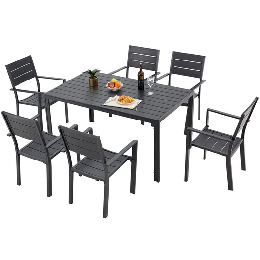 AECOJOY 7 Piece Outdoor Dining Set, Aluminum Patio Table and Chairs Set for 6 with Rectangular Table and Stackable Chairs for Garden, Backyard, Black - CookCave
