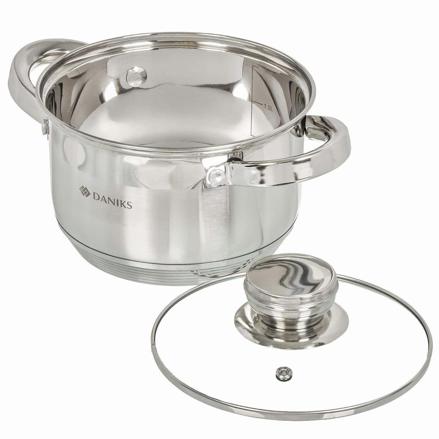 Daniks Standard Stainless Steel Stock Pot with Glass Lid | Induction 3 Quart | Dishwasher Safe Pot | Measuring Scale | Soup Pasta Stew Pot | Silver - CookCave