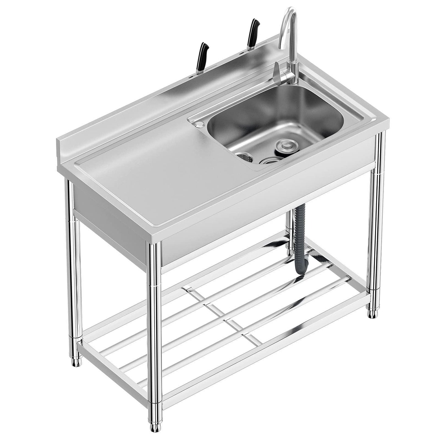 Free Standing Stainless-Steel Single Bowl Commercial Restaurant Kitchen Sink Set w/Faucet & Drainboard, Prep & Utility Washing Hand Basin w/Workbench & Storage Shelves Indoor Outdoor (39 in) - CookCave
