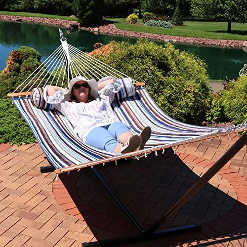 Sunnydaze Outdoor Quilted Fabric Hammock - Two-Person with Spreader Bars - Heavy-Duty 450-Pound Capacity - Ocean Isle - CookCave