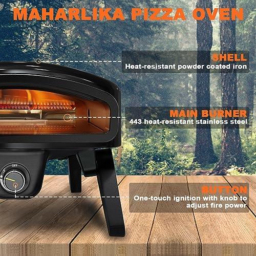 Maharlika Gas Pizza Oven Outdoor 14" Pizza Oven with Built-In Thermometer, Portable Propane Pizza Oven Stainless Steel with Stone, Griddle, Pizza Peel, Turner, Cutter, Carry Bag for Outdoor Kitchen - CookCave