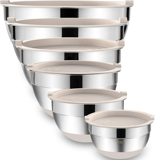 Umite Chef Mixing Bowls with Airtight Lids, 6 piece Stainless Steel Metal Nesting Storage Bowls, Non-Slip Bottoms Size 7, 3.5, 2.5, 2.0,1.5, 1QT, Great for Mixing & Serving (Khaki) - CookCave