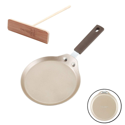 CHEFMADE Mini Crepe Pan with Bamboo Spreader, 6-Inch Non-Stick Pancake Pan with Insulating Silicone Handle for Gas, Induction, Electric Cooker (Champagne Gold) - CookCave