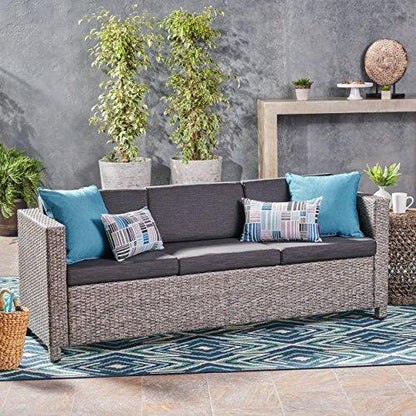 Christopher Knight Home Puerta Outdoor Wicker 3-Seater Sofa, Mix Black / Dark Grey Cushion - CookCave