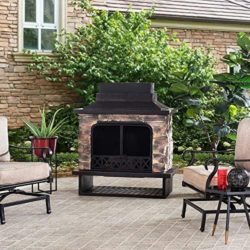 Sunjoy Outdoor Fireplace, Heavy Duty Patio Wood Burning Fireplace with Steel Chimney, Mesh Spark Screen Doors, Removable Grate and Fire Poker, Black - CookCave