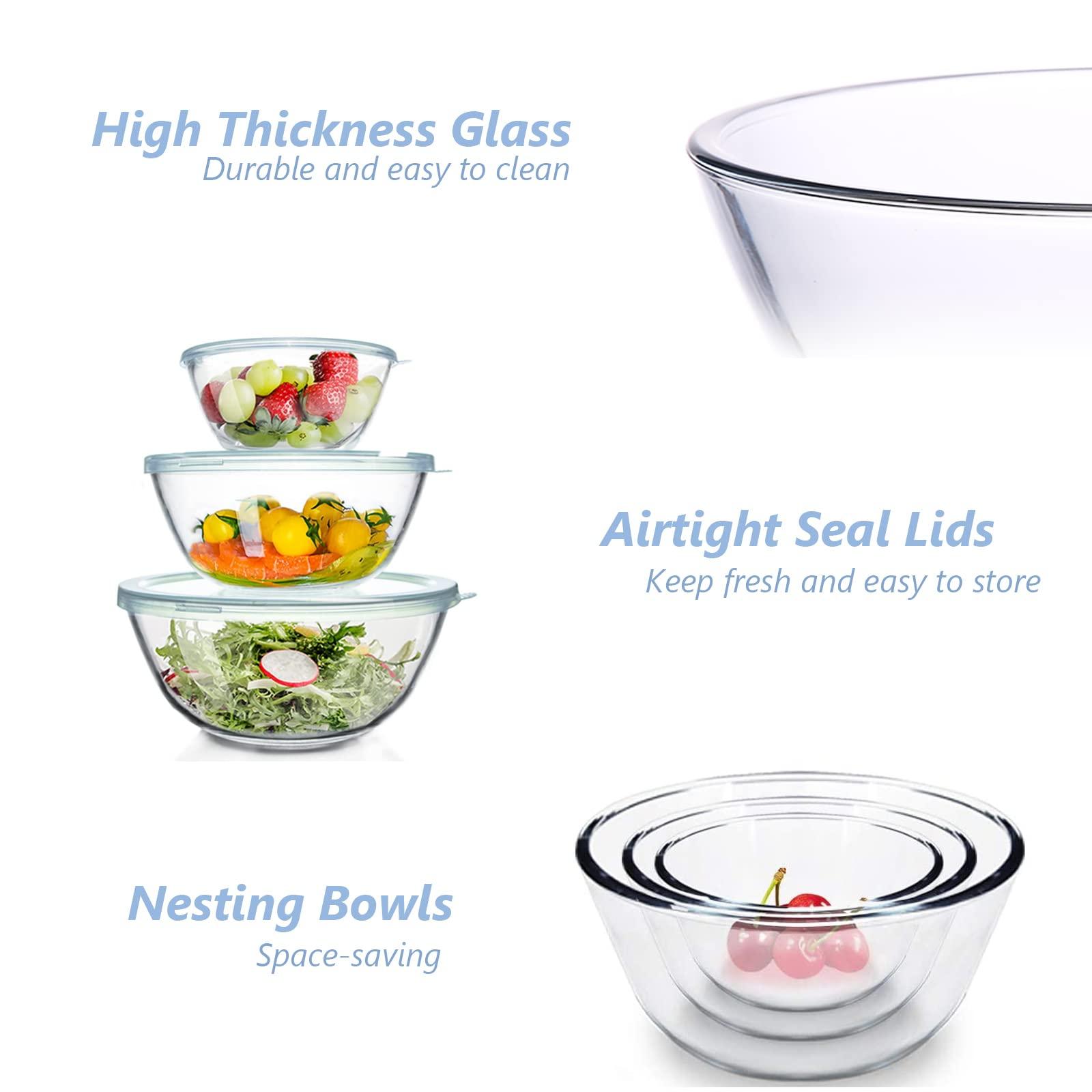 WhiteRhino Glass Mixing Bowls with Lids Set of 3（4.5QT,2.7QT, 1.1QT, Large Kitchen Salad Bowls, Space-Saving Nesting Bowls, Round Glass Serving Bowls for Cooking,Baking,Prepping,Dishwasher Safe - CookCave