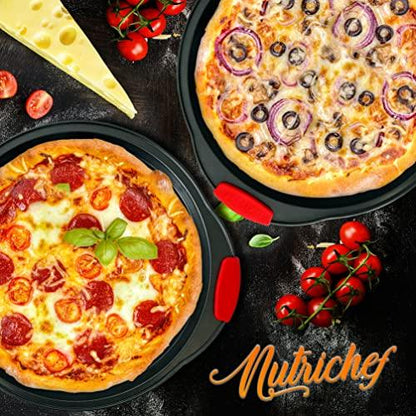 NutriChef Non-Stick Pizza Tray - with Silicone Handle, Round Steel Non-stick Pan with Perforated Holes, Premium Bakeware, Pizza Tray with Silicone and Oversized Handle, Dishwasher Safe - NCBPIZ3 - CookCave