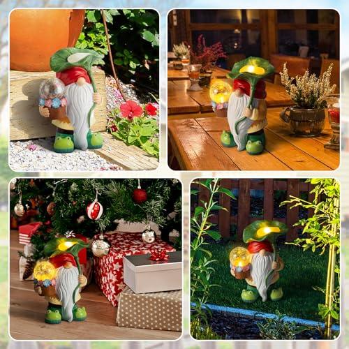 Grovind Garden Gnomes Decor Clearance, Solar Gnomes Statues Hold Magic Orb with LED Lights, Outdoor Gnome Statue with Frog Shoes Gnome Figurine for Patio Lawn Decorations Outside Gifts - CookCave