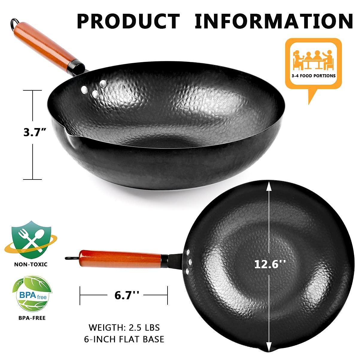 kaqinu Carbon Steel Wok Pan, 14 Piece Woks & Stir-Fry Pans Set with Wooden Lid Cookwares, No Chemical Coated Flat Bottom Chinese Pan for Induction, Electric, Gas, Halogen All Stoves - 12.6'' - CookCave