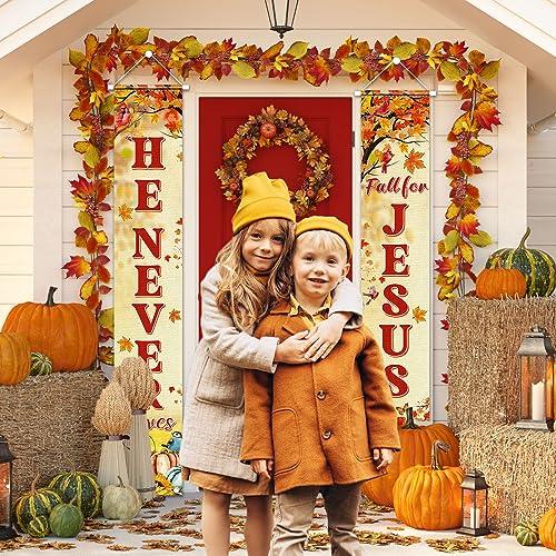 YE Fall for Jesus Porch Sign Banner Decoration- Fall for Jesus He Never Leaves Hanging Door Banner for Indoor Outdoor Autumn Christian Religion Decoration Thanksgiving Supplies, 70.8x11.8inch - CookCave