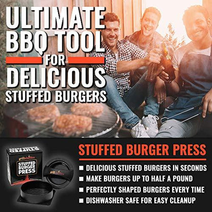 Grillaholics Stuffed Burger Press and Recipe eBook - Extended Warranty - Hamburger Patty Maker for Grilling - BBQ Grill Accessories - CookCave