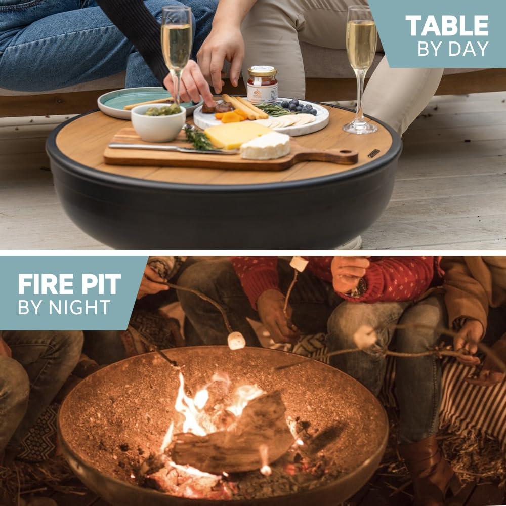 DENKOE Cast Iron Fire Pit Table with Lid, Extra Thick and Heavy Duty Fire Bowl, Deep Round Firepit for Outdoor Bonfire Gatherings, Wood Burning Firepits for Outside Patio, Modern Outdoor Fire Pits - CookCave