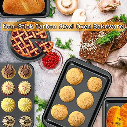 Baking Pans Nonstick Set, 5-Piece Bakeware Sets with Round/Square Cake Pan, Muffin Pan, Loaf Pan, Roast Pan, Baking Sheets for Oven, mobzio Kitchen Cookware Sets Baking Supplies - CookCave