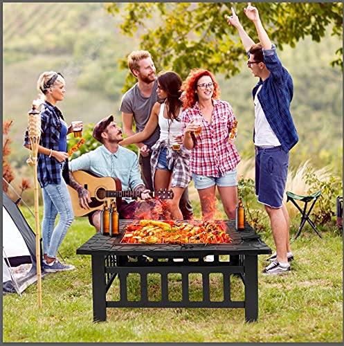 ZENY 32in Outdoor Fire Pits Outside Wood Burning Firepit Square Metal Fireplace Table Fire Bowl with Grill,Screen and Poker for Camping Bonfire Backyard BBQ - CookCave