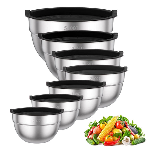 TAEVEKE 7PCS Mixing Bowls with Lids Set, Stainless Steel Nesting Mixing Bowl Set for Baking, Mixing, Serving & Prepping, Set of 7-5, 3.5, 2.5, 2, 1.5, 1, 0.67QT (Black) - CookCave