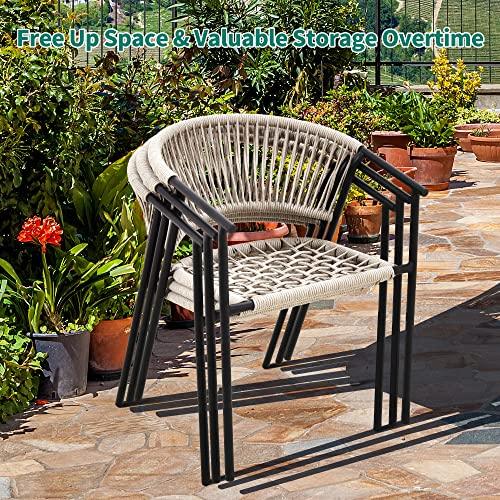 YITAHOME Outdoor Dining Chair Set of 4, Rope Woven Design Stackable Chairs, Indoor-Outdoor Armchair Seating for Patio, Backyard, Poolside, Balcony - Beige - CookCave