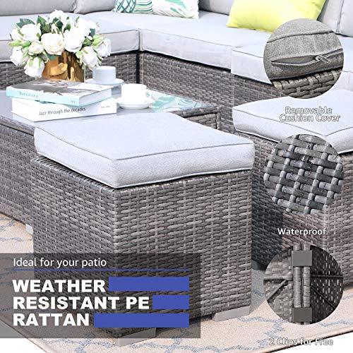 Patiorama 2 Pieces Assembled Outdoor Patio Ottoman, Indoor Outdoor All-Weather Grey Wicker Rattan Outdoor Footstool Footrest Seat with Light Grey Cushions, No Assembly Required - CookCave