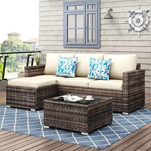 SUNTONE Patio Furniture Set All Weather Wicker Outdoor Sectional Patio Couch Rattan Patio Sectional with Table and Chairs, 3 Piece Patio Sofa Set, Beige - CookCave