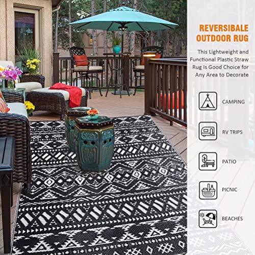 Reversible Mats - Outdoor Rugs 5'x8' for Patios Clearance, Plastic Straw Rugs Waterproof, Portable, Large Floor Mat and Rugs for Outdoor RV, Balcony, Picnic, Beach, Camping(Black & Cream White) - CookCave