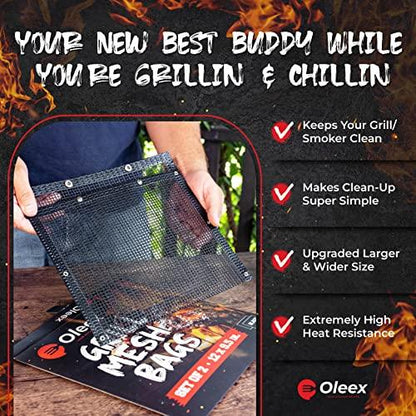 Oleex Non-Stick Large BBQ Grilling Bags + Basting Brush - Reusable PTFE Mesh Indoor Outdoor Charcoal Barbecue Grill Bag Accessories, Heat-Resistant Up to 500 F, Easy to Clean, Dishwasher-Safe - CookCave