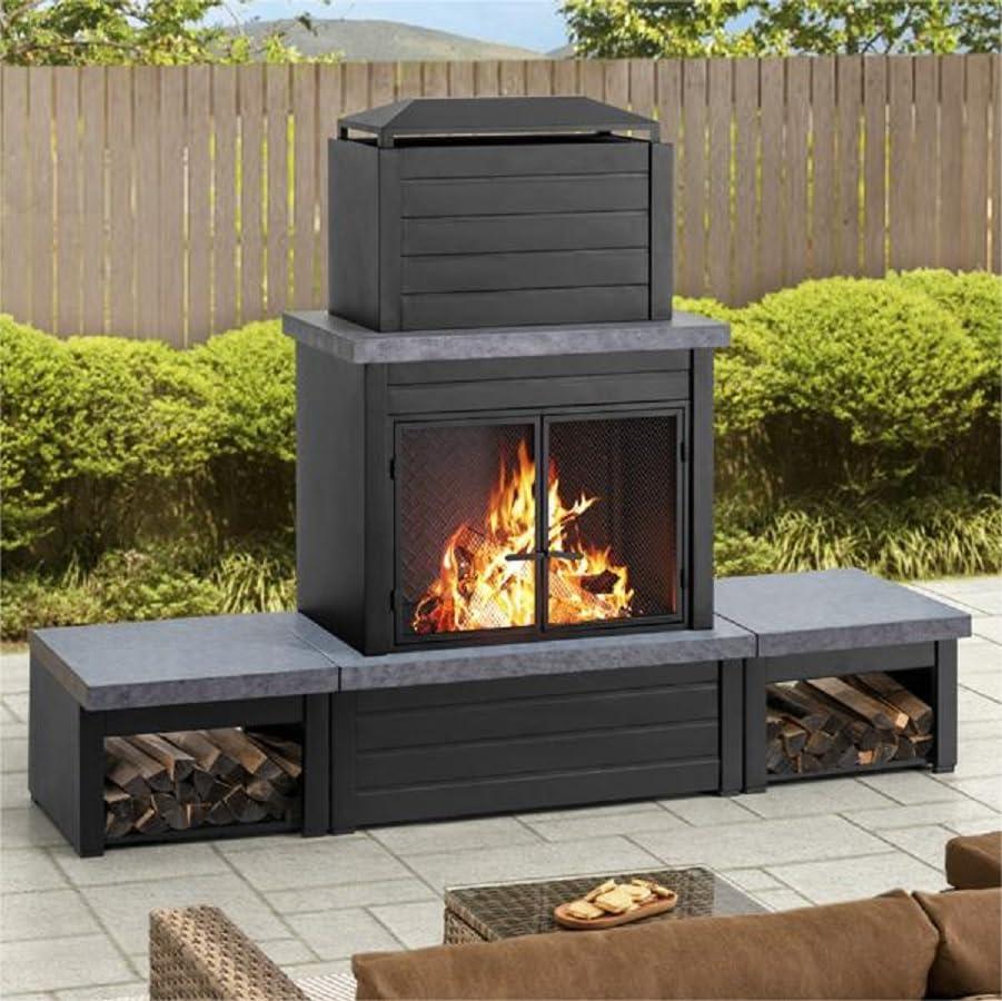 Sunjoy Outdoor Fireplace, Patio Wood Burning Steel Fireplace with Chimney, Log Holders, Fireplace Tool and PVC Cover, Black - CookCave