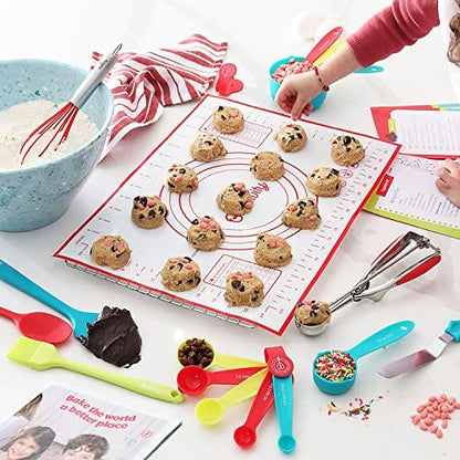 Baketivity 31 Pcs Kids Cooking & Baking Set with Kids Knife & Real Cooking Utensils - Kid Safe Knife & Cooking Tools - Kids Baking Set Gift for Girls & Boys Including Nylon Knife for Kids - CookCave