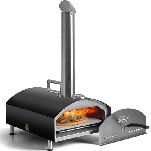 Deco Chef Outdoor Pizza Oven with 2-in-1 Pizza and Grill Oven Functionality, 13" Pizza Stone, Portable 3-Layer Stainless Steel Construction, Pizza Peel, Dough Scraper, Scoop, Slotted Grill (Black) - CookCave