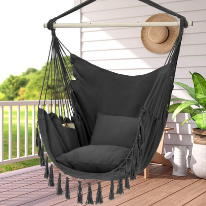 Y- STOP Hammock Chair Hanging Rope Swing, Max 500 Lbs, 2 Cushions Included, Large Macrame Hanging Chair with Pocket, Cotton Weave for Superior Comfort, Durability (Dark Grey) - CookCave