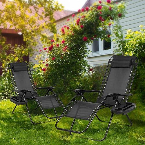 Nazhura Set of 2 Relaxing Recliners Patio Chairs Adjustable Steel Mesh Zero Gravity Lounge Chair Recliners with Pillow and Cup Holder (Black) - CookCave