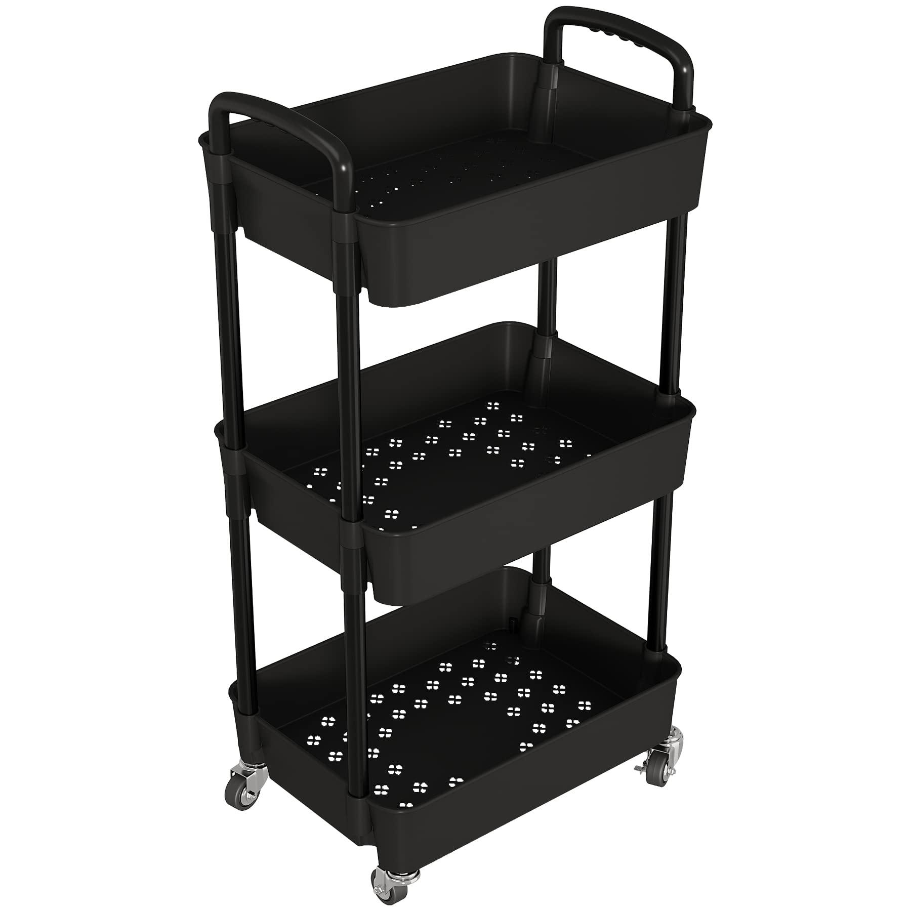 Laiensia 3-Tier Kitchen Storage Cart,Multifunction Utility Rolling Storage Organizer,Mobile Shelving Unit Cart with Lockable Wheels for Bathroom,Laundry,Living Room,With Classified Stickers,Black - CookCave