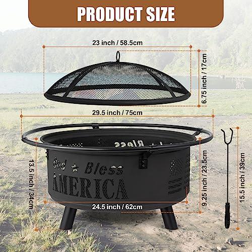 Backyard Expressions GOD Bless America Metal Firepit - 30 Inch - Heavy Duty Steel Fire Pit for Patio/Backyard w/Spark Screen Log Grate and Poker - CookCave