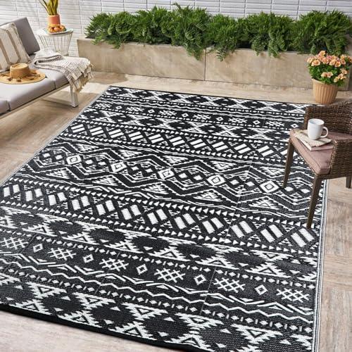 Reversible Mats - Outdoor Rugs 5'x8' for Patios Clearance, Plastic Straw Rugs Waterproof, Portable, Large Floor Mat and Rugs for Outdoor RV, Balcony, Picnic, Beach, Camping(Black & Cream White) - CookCave